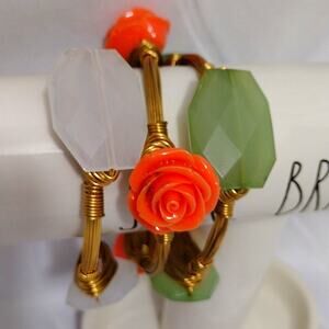 3 Large Bangle Bracelets Green Roses Stone